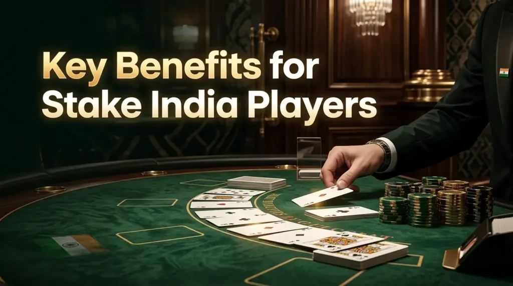Poker table with playing cards and casino chips, person placing a card, large text 'Key Benefits for Stake India Players