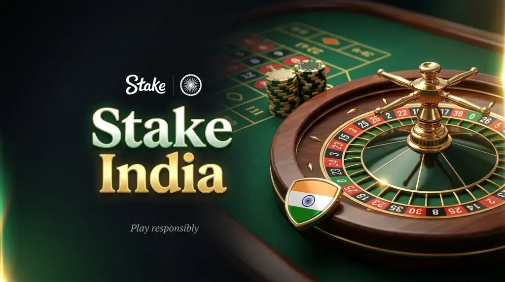 Luxury roulette wheel with casino chips on green table, Stake India logo and Indian flag emblem, text 'Stake India' and 'Play responsibly